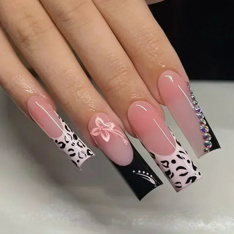 24Pcs Full Cover False Nails with Glue Long Square Coffin Fake Nails French Detachable Ballet Love Pattern Design Press on Nails