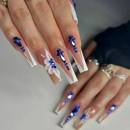 24Pcs Long Ballerina False Nails Press on Nails Serpentine Flower with Rhinestones French Fake Nails Wearable White Nail Tips