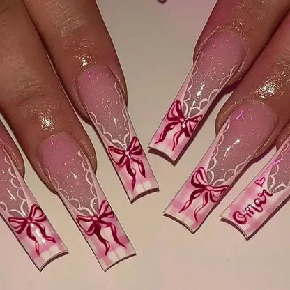 24Pcs Long Ballet False Nails Pink Butterfly with Rhinestones French Design Wearable Fake Nails Glitter Press on Nails Tips Art