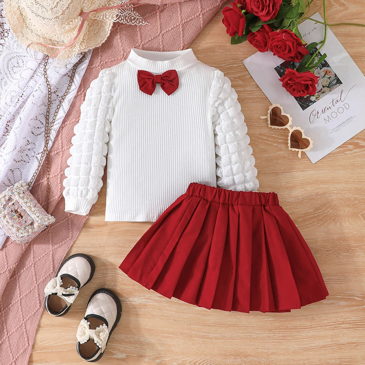 3 Colors Fashion Kids Girls Fall Clothes Sets 3-8Y Long Puff Sleeve Bow Front Tops + Pleated Skirt 2PCS