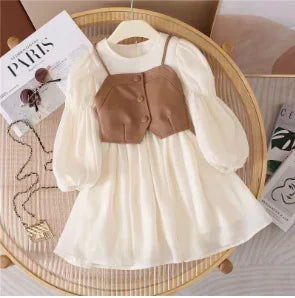 Spring Autumn Baby Suits Girl Vest + Long Sleeve Dresses 2piece Kids Cute Princess Dress Children Chiffon