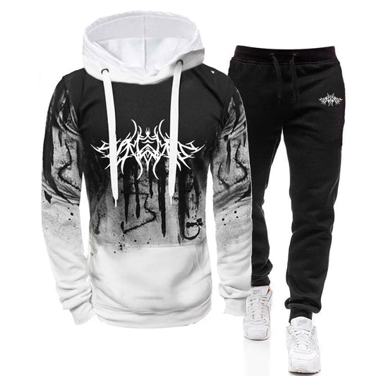 Mens Tracksuit Splash-ink Hooded Sweatshirt Casual Trousers
