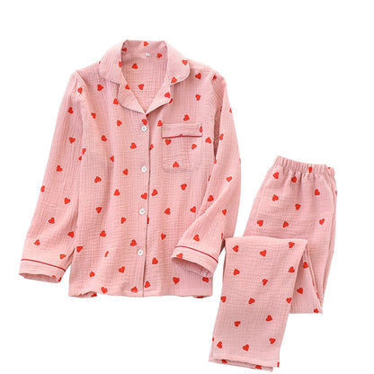 2pc Cotton Pajamas Set Women's Sweet Little Love Cute Two Piece Pijama Jacket Shirts & Long Pant Loungewear Cozy Crepe Homewear