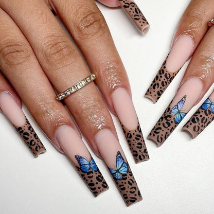 24Ps Super Long Ballet Wearable Fake Nails Blue Diamond Small Flower Press on Nail Stickers Finished Removable False Nail Pieces