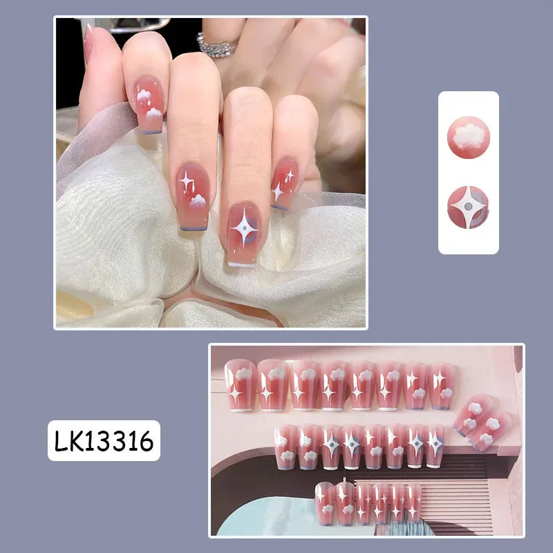 24Pcs New White Daisy Fake Nails Short Simple Detachable Wearable Armor Wearing Reusable False Nails Ballerina Press on Nail Set