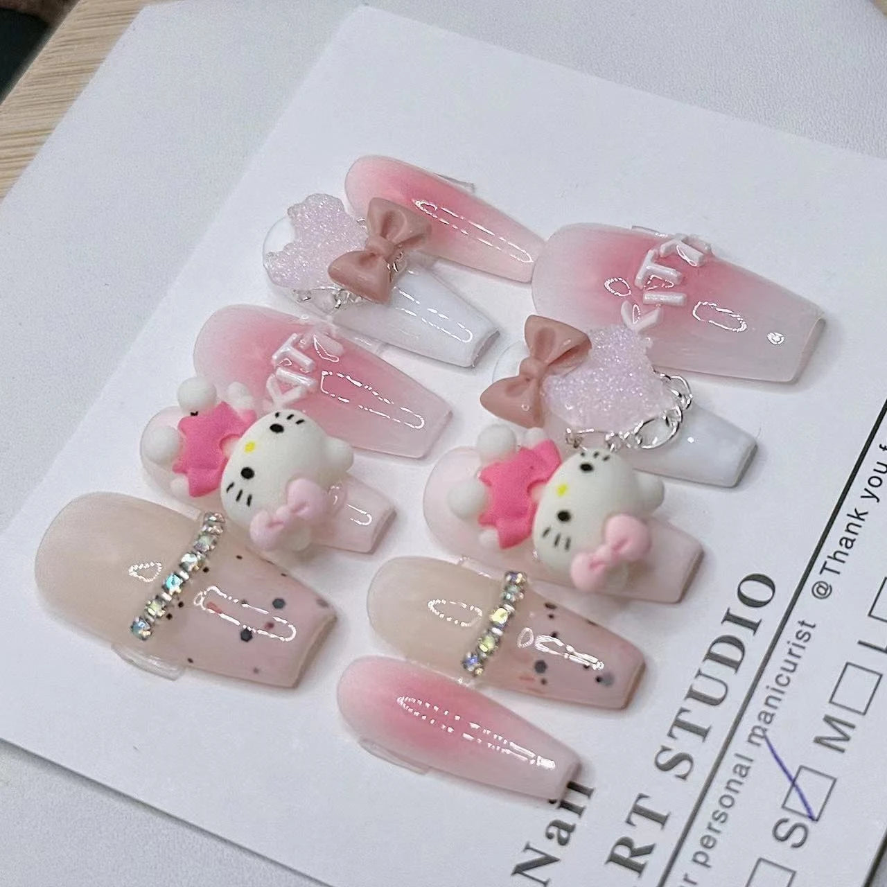 10Pcs Handmade Press on Nails Pink Hellokitty Charm Love Bow Decorated