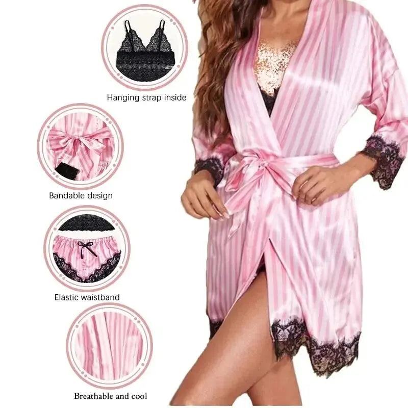 Comfortable Nightwear Lace Satin With Silk Sleepwear Robe Sexy Pajama Pants