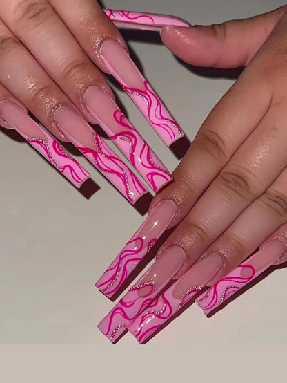 24 Pieces of Extra Long Coffin Shaped French&irregular Lines with Sparkling Pink Gloss Fake Nails&1 Nail File and 1 Jelly Sheet