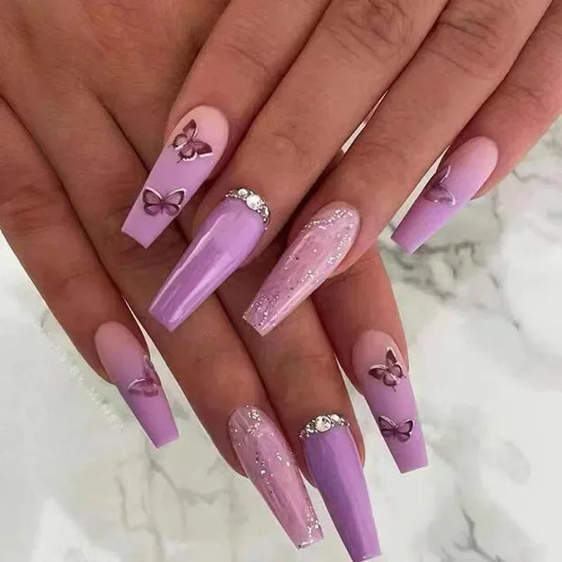 24Pcs Gradient Long Coffin False Nails with Green Rhinestones Design Black Square French Full Cover Press on Nail Tips for Girls