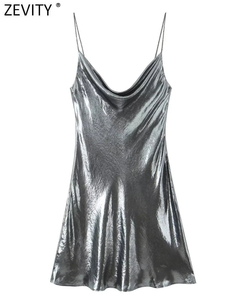 Women Shinning Metallic Color Sling Mini Dress