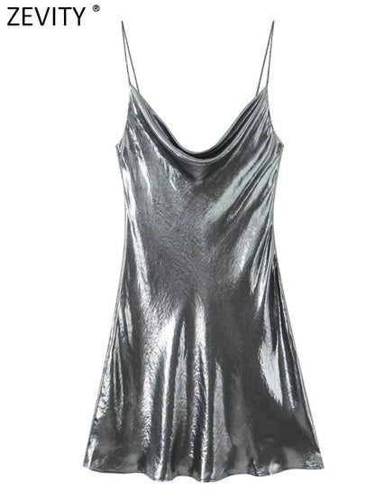 Women Shinning Metallic Color Sling Mini Dress