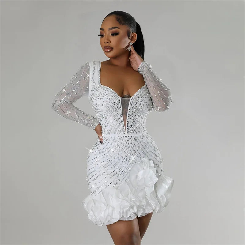 New Women Mesh Sleeve Bodycon Sexy Diamonds Birthday Party Dress Tierred Ruffles Rhinestone Pearls Night Club Dress Pink