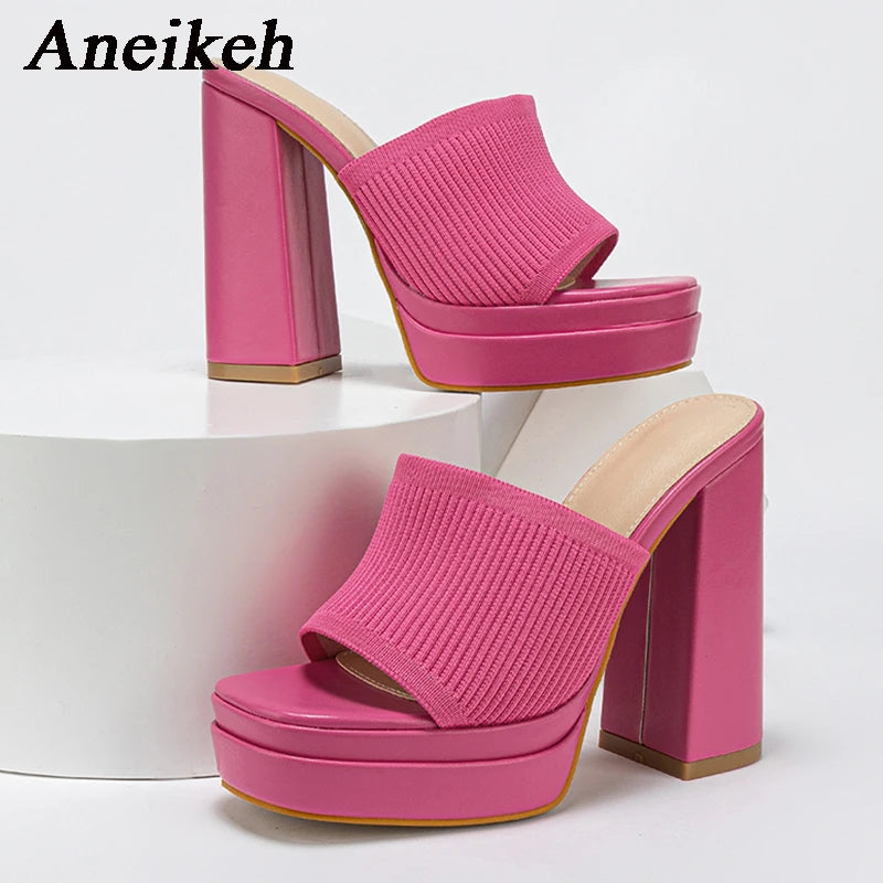 Aneikeh Sexy Knitted Woolen Chunky Platform Sandal Heels Women's Peep Toe High Heel