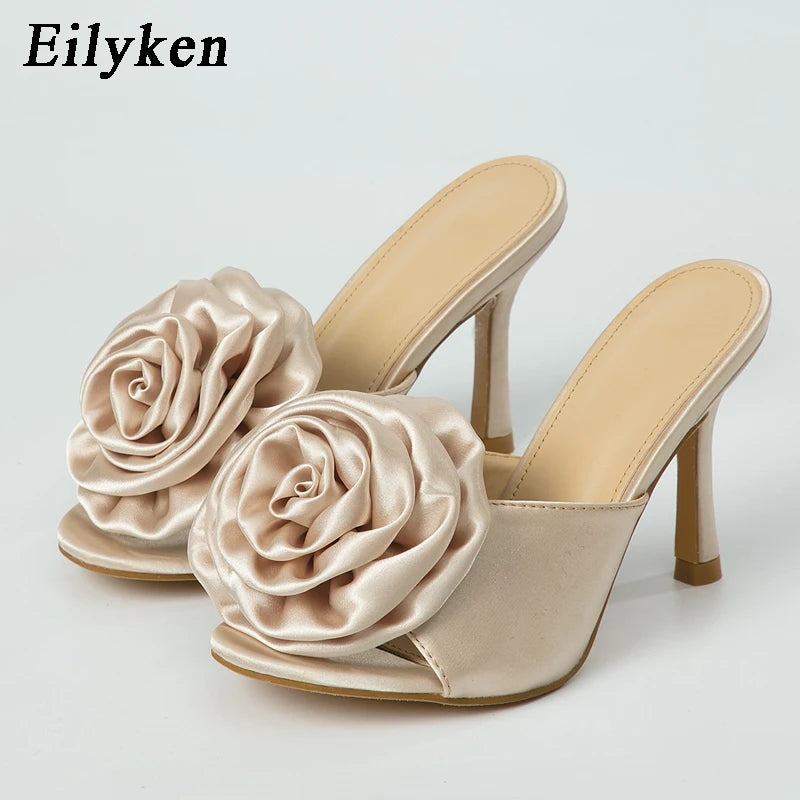 New Style Satin Flowers Women Slippers 2025 Design Mules Slides Shoes Ladies Stiletto High Heels Sandals