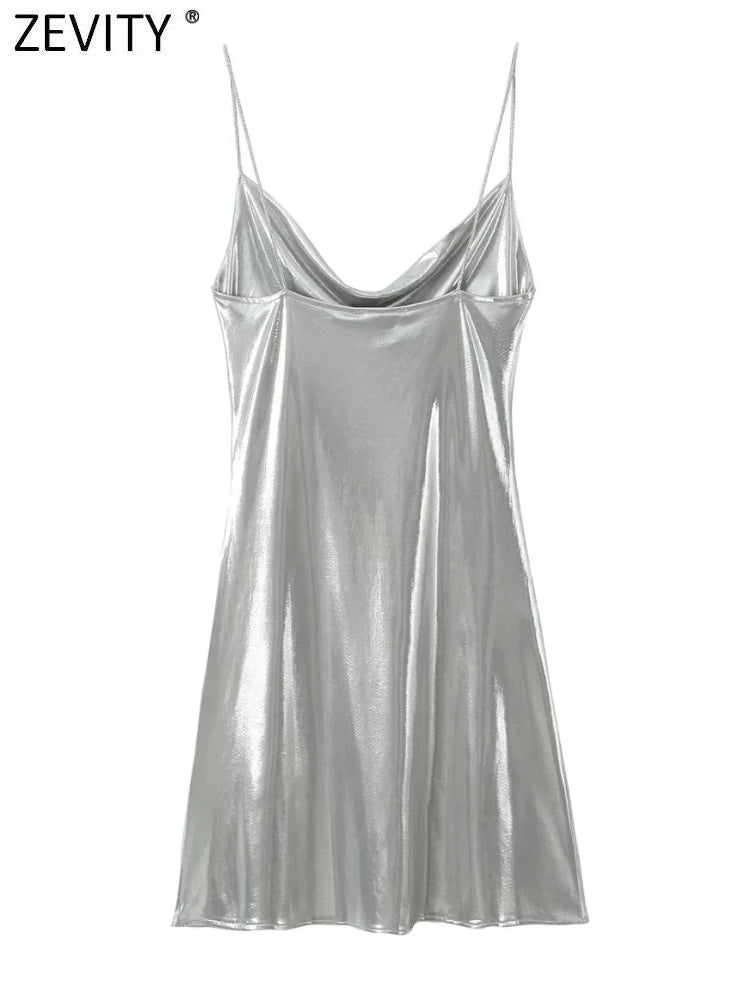 Women Shinning Metallic Color Sling Mini Dress