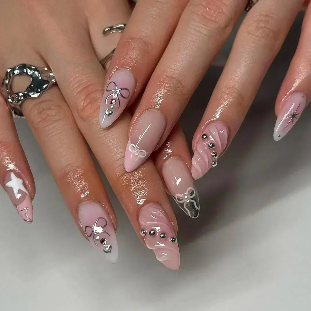 24Pcs Pink Almond French Press on Nails With 3D Bow ripple charms Design Fake Nails Ballerina False Nails Full Cover Nail Tips