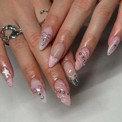 24Pcs Pink Almond French Press on Nails With 3D Bow ripple charms Design Fake Nails Ballerina False Nails Full Cover Nail Tips