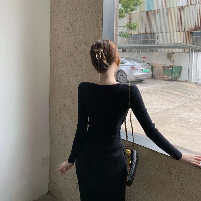 V-Neck Long Sleeve Knitting Dress Bodycon Midi Dress