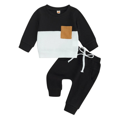 Pudcoco Infant Baby Boys Pants Set, Long Sleeve Crew Neck Contrast Color Sweatshirt Elastic Waist Sweatpants Infant Clothes 0-3T