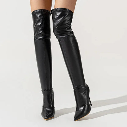 Sexy PU Leather Women Over-the-Knee Boots Fashion Pointed Toe Long Booties Thin High Heels Stripper