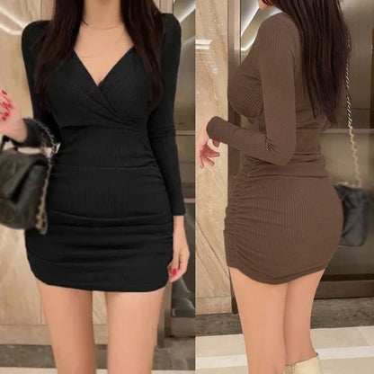 Autumn Long Sleeve Fold Tight Slim Fitting V-neck Solid Color Sexy Dresses