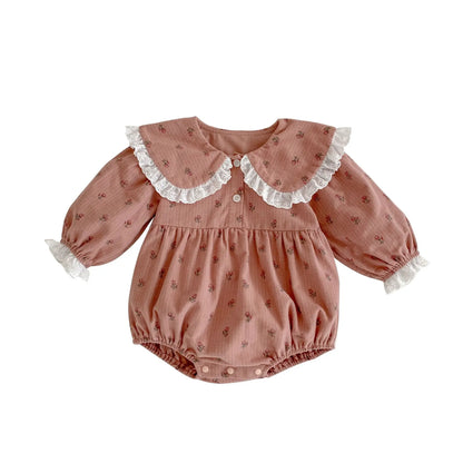 Autumn Infant Girls Full Sleeve Peter Pan Collar Lace Ruched Floral One-piece