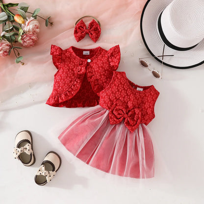 Baby Dresses Birthday Party Costume Pink Jacquard Cardigan Coat and Lace Butterfly Dress For Girls Newborns Infants Clothes