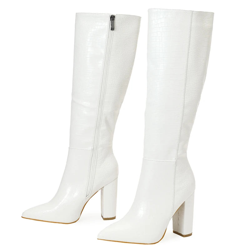 Aneikeh Women's Pointed Thick Heels Knee Long Boots Spring/Autumn Patent Leather Crocodile Pattern Panel Side Zipper Boots