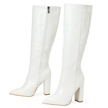 Aneikeh Women's Pointed Thick Heels Knee Long Boots Spring/Autumn Patent Leather Crocodile Pattern Panel Side Zipper Boots