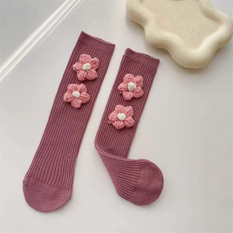 Kids Girls Socks Cotton Flower Knee High Children's Socks For Girls Winter Warm Knitted Baby Stocking Age for 0-7Years