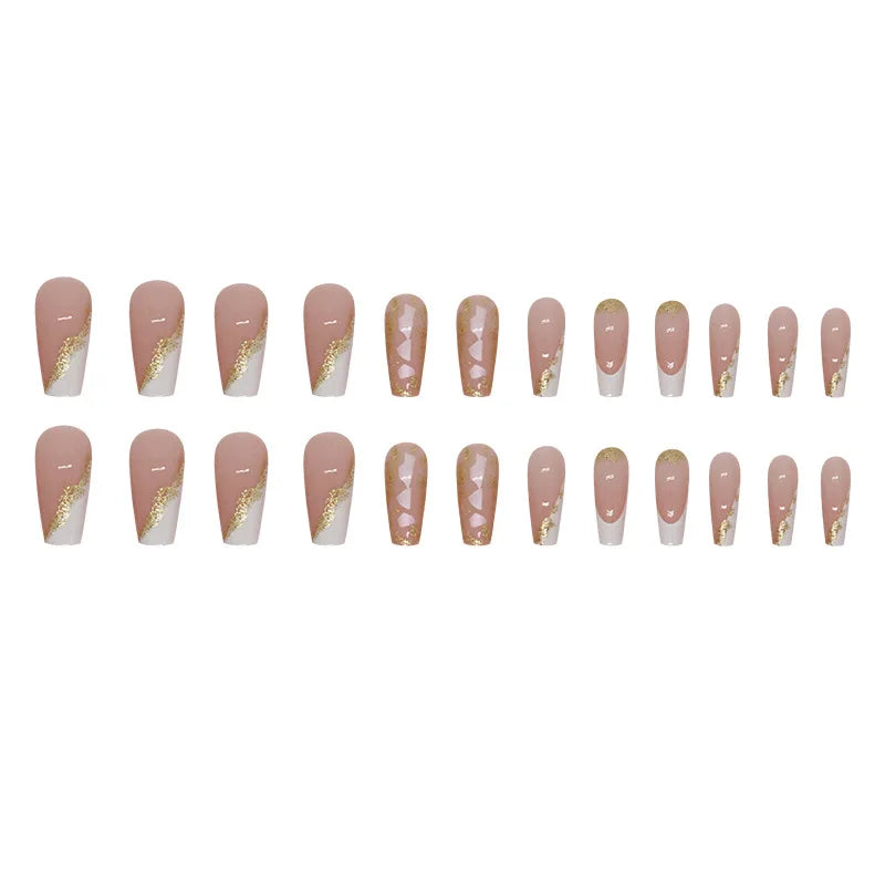 24pcs Coffin False Nails French Glitter Gold foil Fake Nails Full Cover Press on Nails Nail Tips Detachable DIY Long Ballet Nail
