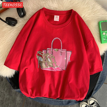 Fashionable Bags And Pink High Heels Print Men Tees Graphic Art T-Shirts High-Quality Cotton Tee Shirt Cotton Loose Clothing