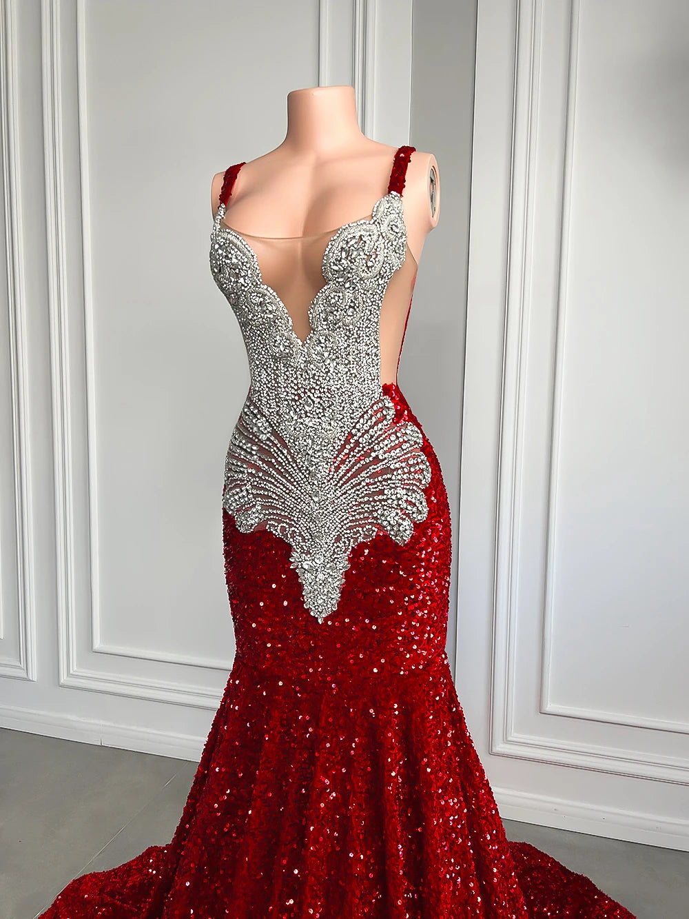 Gorgeous Long Mermaid Style Luxury Sparkly Silver Crystals Red Sequin