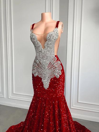 Gorgeous Long Mermaid Style Luxury Sparkly Silver Crystals Red Sequin