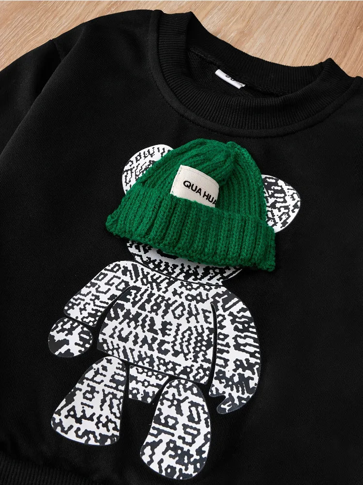 Spring Children Boy Cloth Baby Girl Knit Hooded Sweater Pullover Pants Outfit Kid Cartoon Bear Top and Bottom 2 Pieces Set Ropa