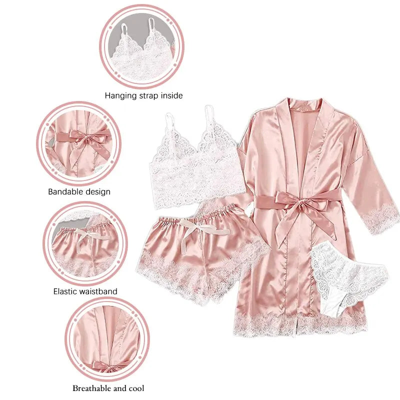 Sexy Pajama Pants Set 4 Pieces Lace Satin With Silk Sleepwear Robe