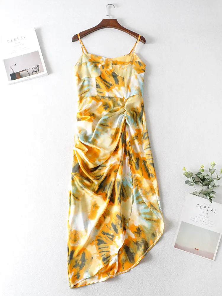Vintage Yellow Tie dye Flower print  Spaghetti Strap Dress