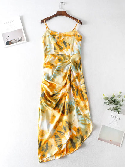 Vintage Yellow Tie dye Flower print  Spaghetti Strap Dress