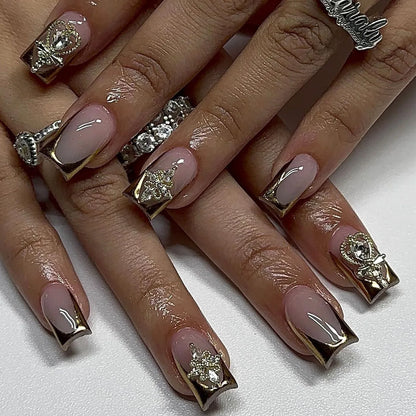 24pcs Short Fake Nails 3D Wave Sliver Star Design Blue French Press on Nails for Girls Full Cover Wearable Short False Nail Tips