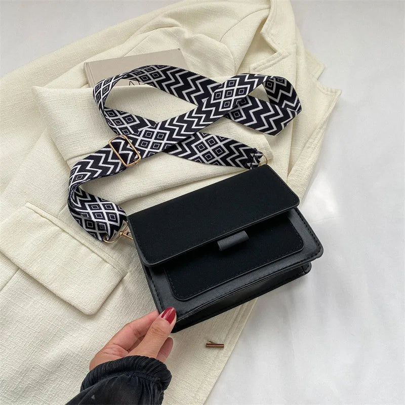 Wide Strap Crossbody Bags Square Matte Leather Shoulder Bags