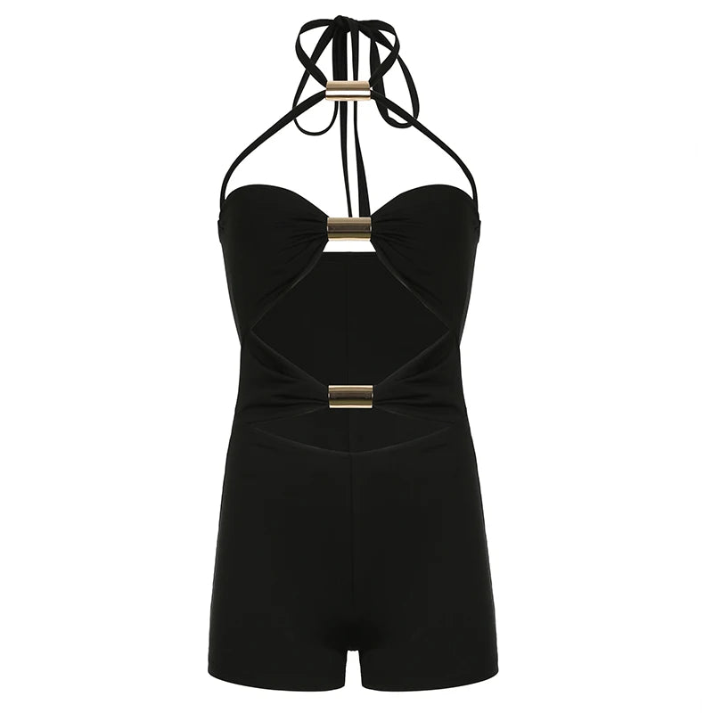 Sexy Hollow Out Women Playsuits Fashion Metal Rings Backless Skinny Rompers