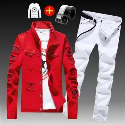 Spring Autumn Mens Denim Jacket + Jeans Pants Set Fashion Single Breasted Coat Trousers Two Piece Denim suit