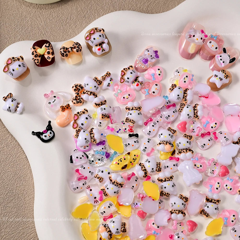 500pcs Cute Sanrio Nail Art Charms 3D Pink Bow Hello Kitty Cinnamoroll Nail Decoration