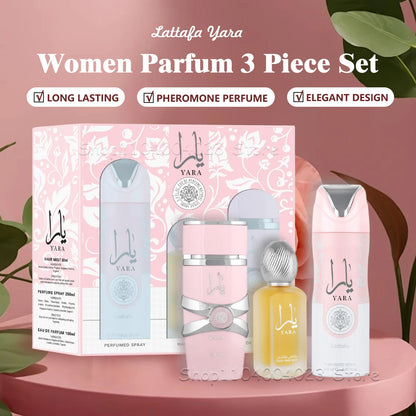 Lattafa Yara For Women 3Piece Set 3.4 Oz Eau de Parfum Spray + 1.7 Oz Hair Mist + 6.7 Oz Deodorant Spray Sweet Pheromone Perfume