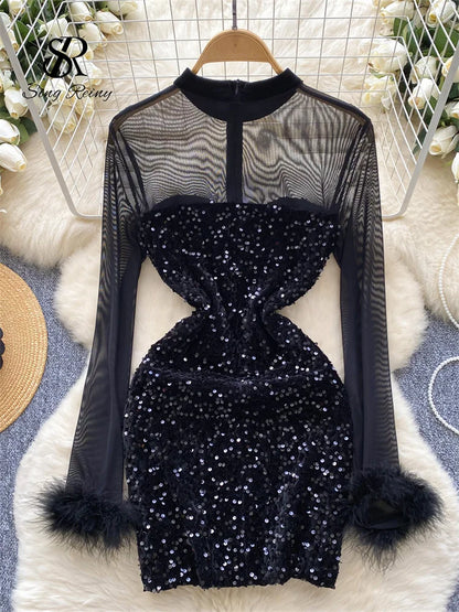 SINGREINY Autumn Luxury Sequins Party Dress Women Stand Collar Fur Long Sleeves Shiny Slim Bodycon Sheer Short Sexy Dress