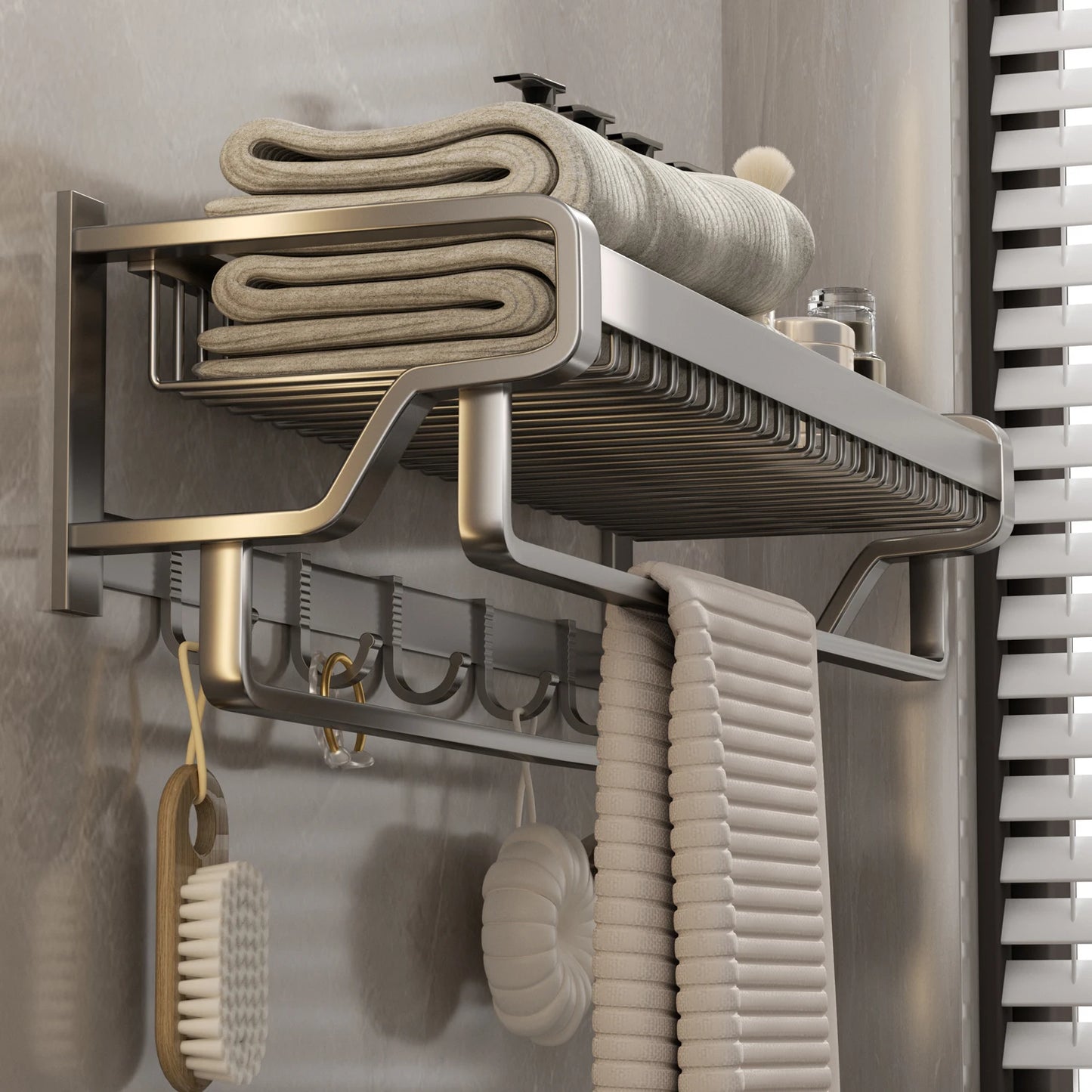 Bathroom Shelf Towel Hanger Rack Wall-mouted Double Rod Mesh Basket