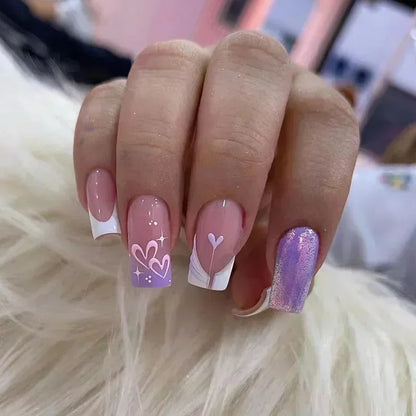 24Pcs Short Square French False Nails with Flower Shiny White Edge Design Pink Glitter Fake Nails Full Cover Press on Nails Tips