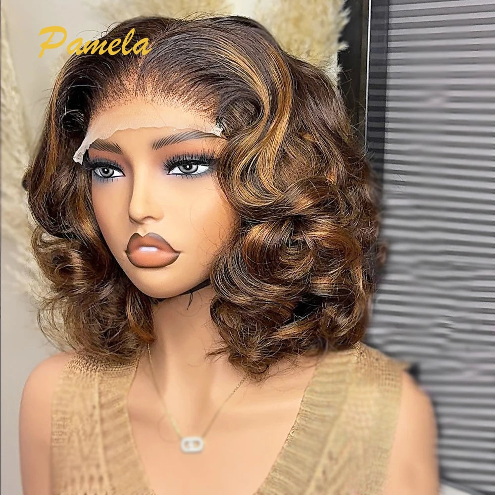 Ombre Blonde Short Bob 4x4 Glueless Human Hair Wigs 13x4 Transparent Lace Frontal Wigs Brown Loose Deep Wave Bob For Women