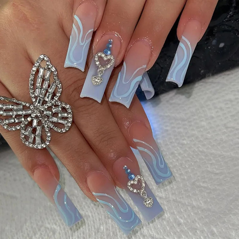 24pcs Artifical Fake Nails Long Coffin French Ballerina Wearable False Nail Tips Finished Rhinstones Flower Design Press on Nail