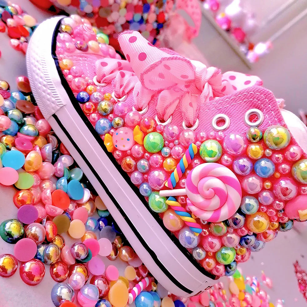 Handmade Rhinestones Bling Girls Womens Kids And Mother Candy Canvas Shoes